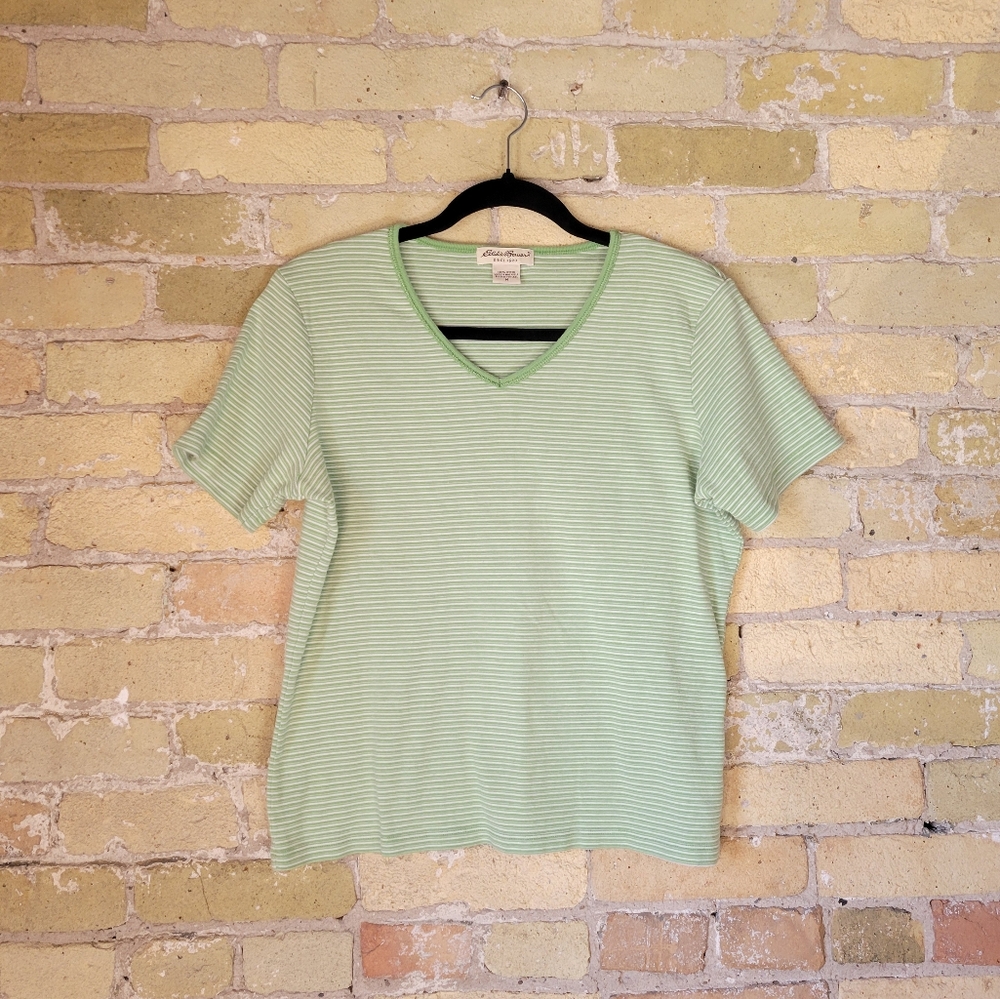 Eddie Bauer Light Green Striped V-Neck Short Sleeve Tee